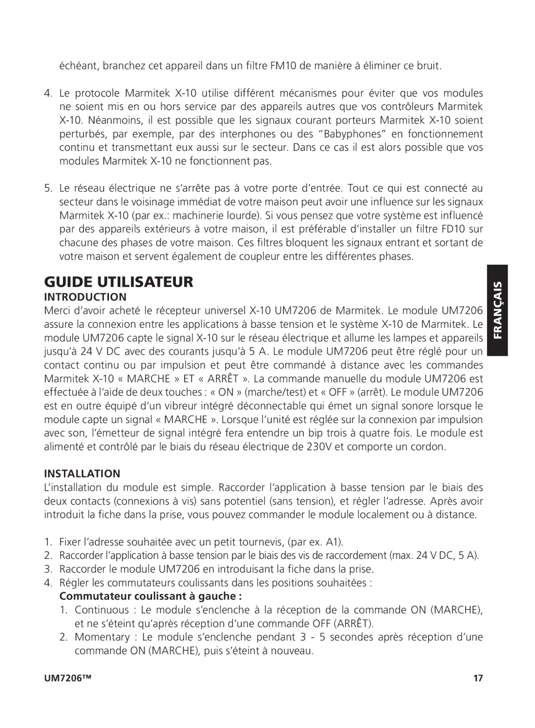 Marmitek um7206 user manual Guide Utilisateur, Commutateur coulissant à gauche, Français 