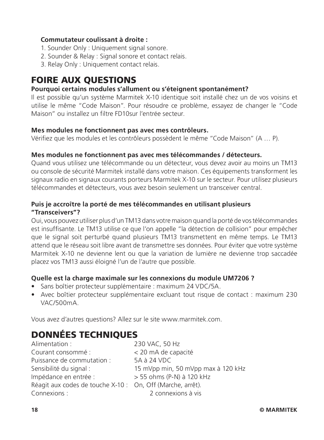 Marmitek um7206 user manual Foire AUX Questions, Données Techniques, Commutateur coulissant à droite 