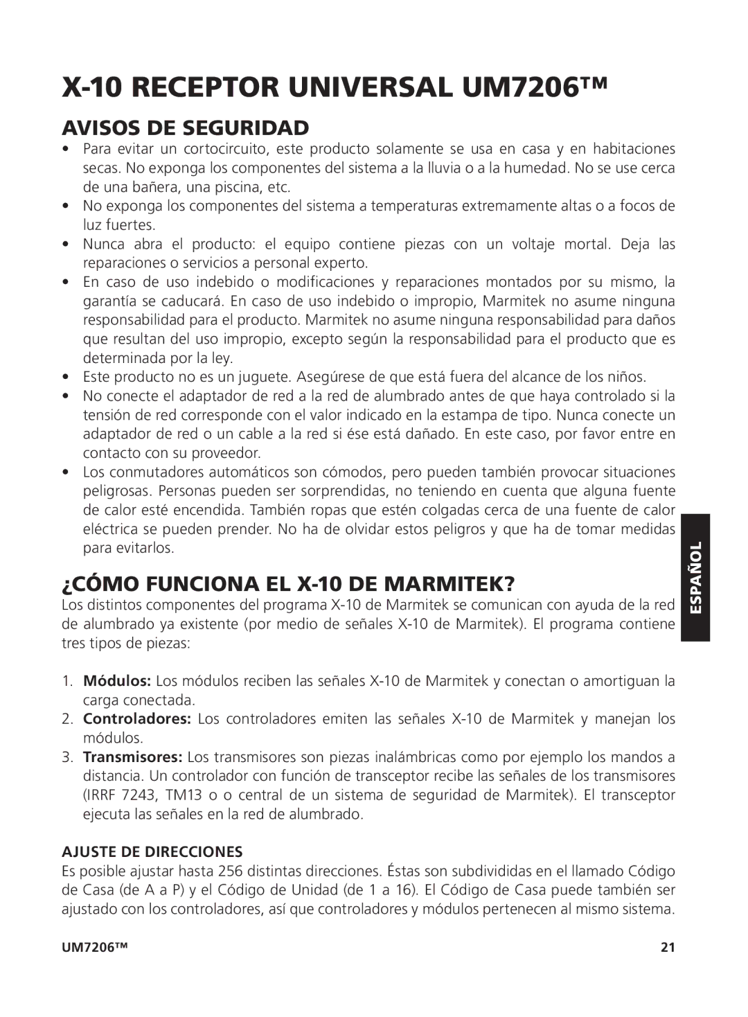 Marmitek um7206 user manual Avisos DE Seguridad, ¿CÓMO Funciona EL X-10 DE MARMITEK?, Ajuste DE Direcciones, Español 