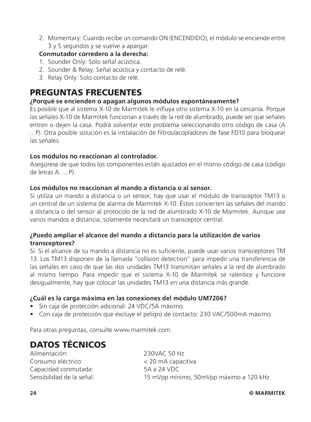 Marmitek um7206 user manual Preguntas Frecuentes, Datos Técnicos, Conmutador corredero a la derecha 