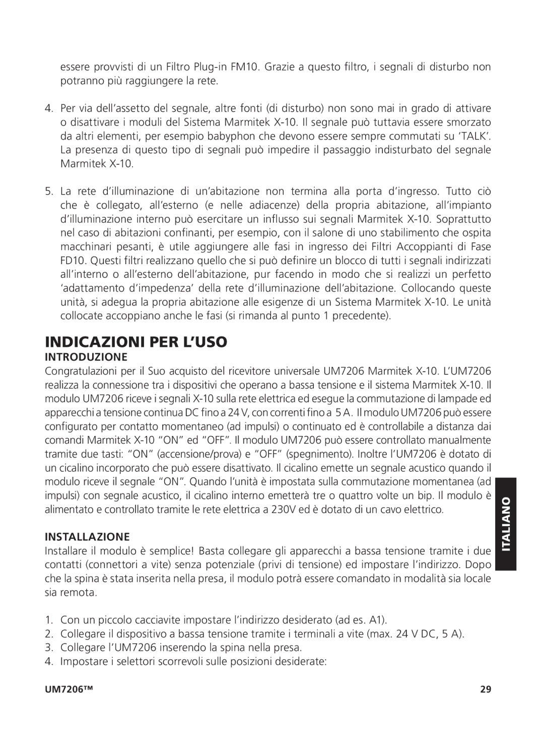 Marmitek um7206 user manual Indicazioni PER L’USO, Introduzione, Installazione 