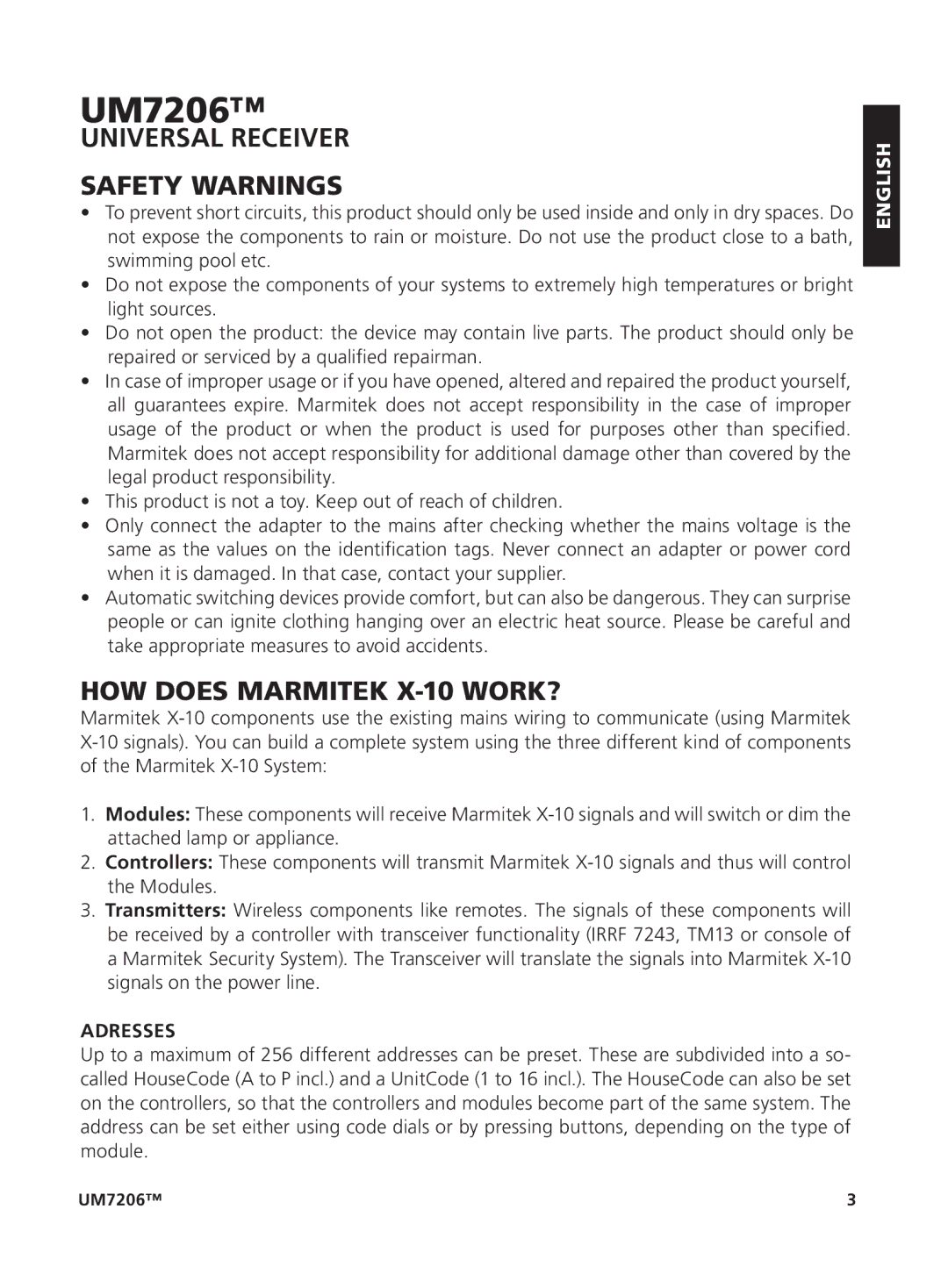 Marmitek um7206 user manual Universal Receiver Safety Warnings, HOW does Marmitek X-10 WORK?, Adresses, English 