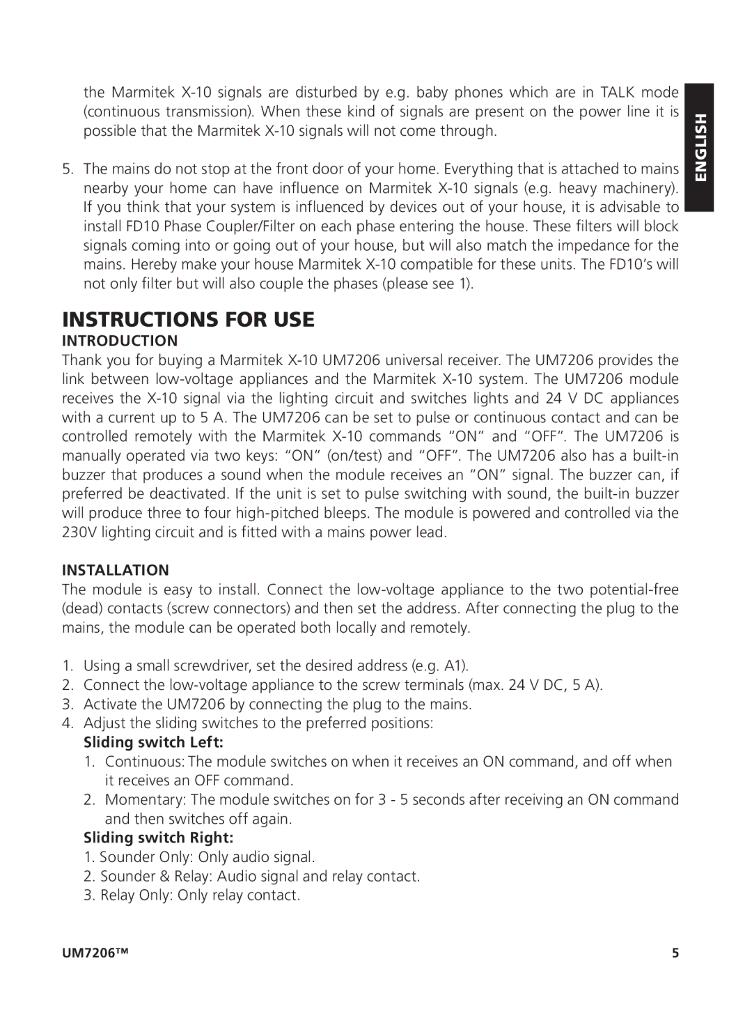 Marmitek um7206 user manual Instructions for USE, Introduction, Installation, Sliding switch Left, Sliding switch Right 