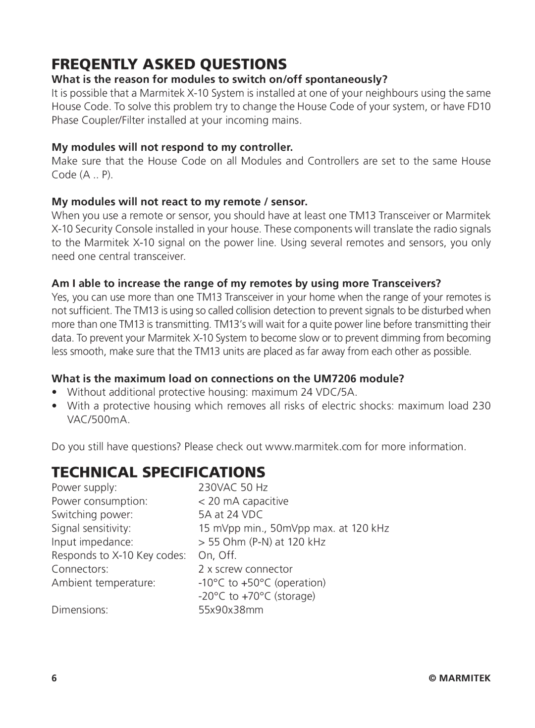 Marmitek um7206 Freqently Asked Questions, Technical Specifications, My modules will not respond to my controller 