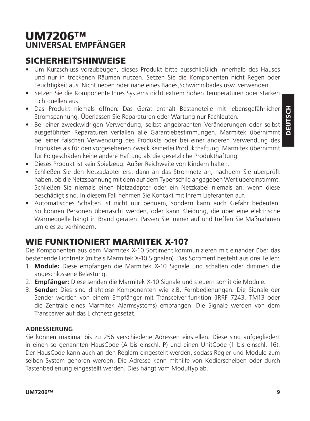 Marmitek um7206 user manual Universal Empfänger Sicherheitshinweise, WIE Funktioniert Marmitek X-10?, Adressierung, Deutsch 