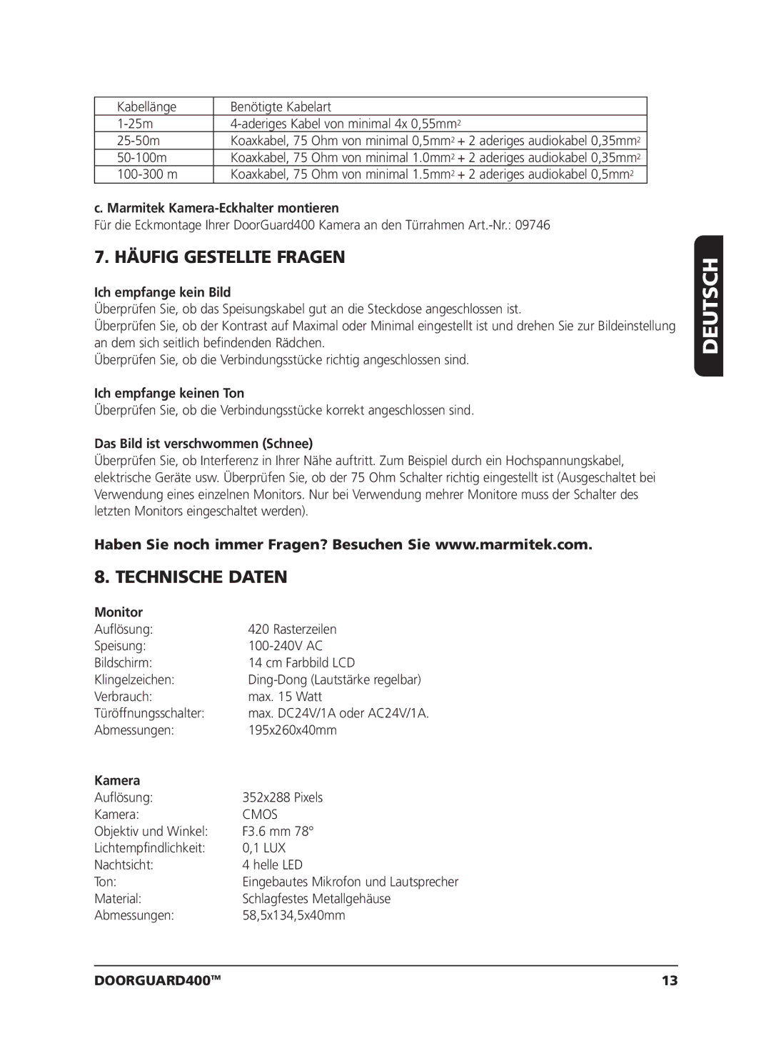 Marmitek VIDEO DOORPHONE user manual Häufig Gestellte Fragen, Technische Daten 