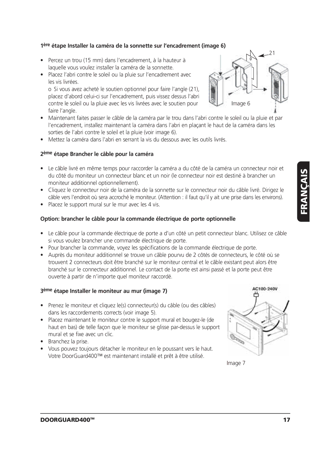 Marmitek VIDEO DOORPHONE 2ème étape Brancher le câble pour la caméra, 3ème étape Installer le moniteur au mur image 