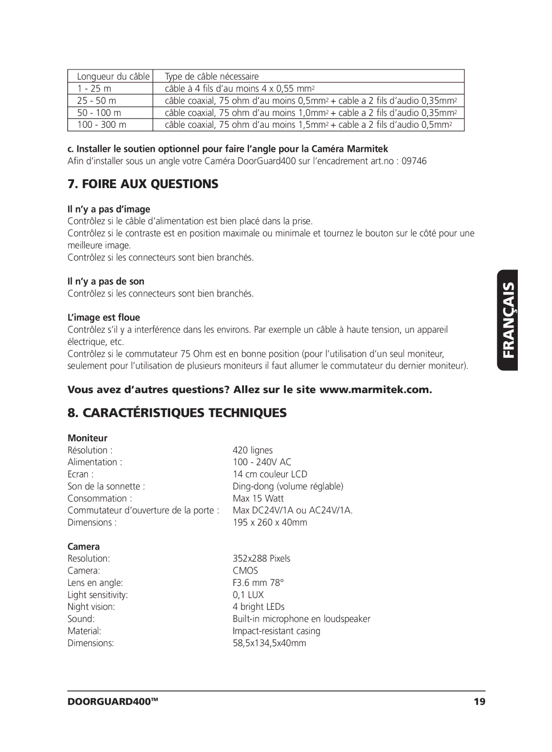 Marmitek VIDEO DOORPHONE user manual Foire AUX Questions, Caractéristiques Techniques 