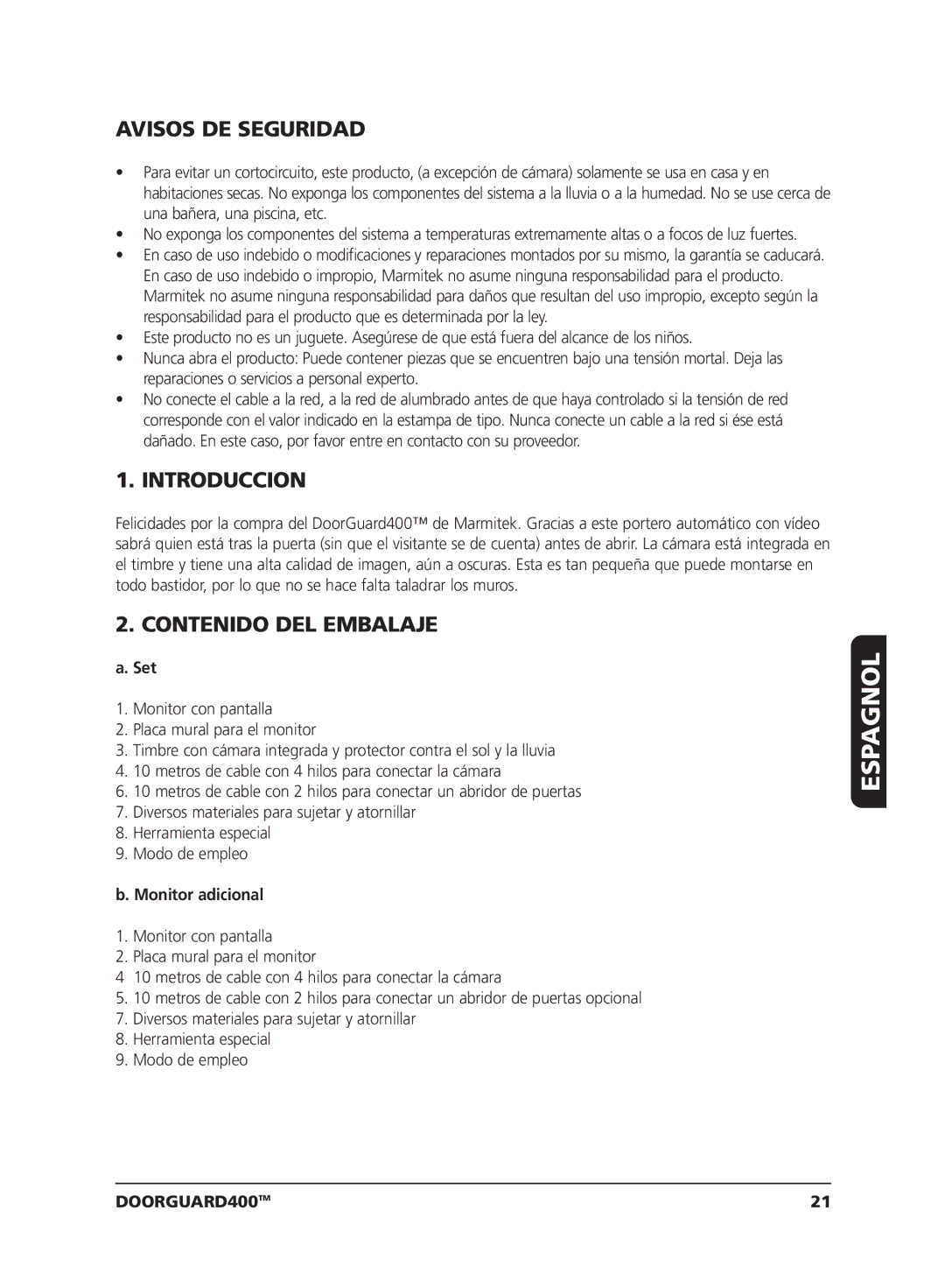 Marmitek VIDEO DOORPHONE user manual Espagnol, Avisos DE Seguridad, Introduccion, Contenido DEL Embalaje, Monitor adicional 