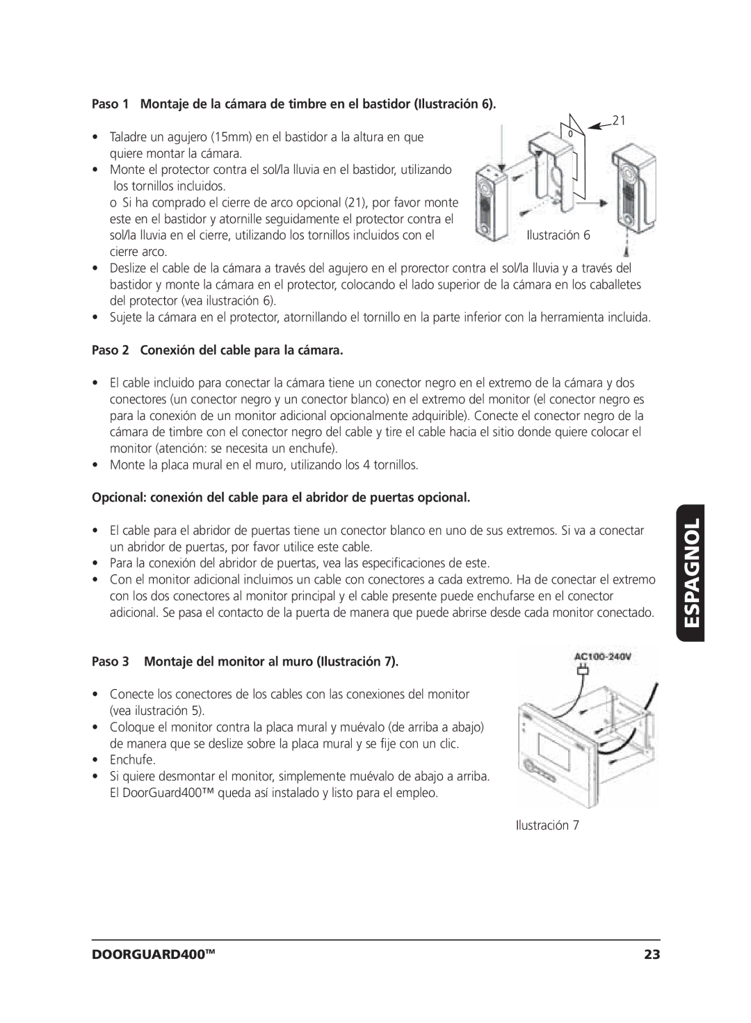 Marmitek VIDEO DOORPHONE Paso 2 Conexión del cable para la cámara, Paso 3 Montaje del monitor al muro Ilustración 