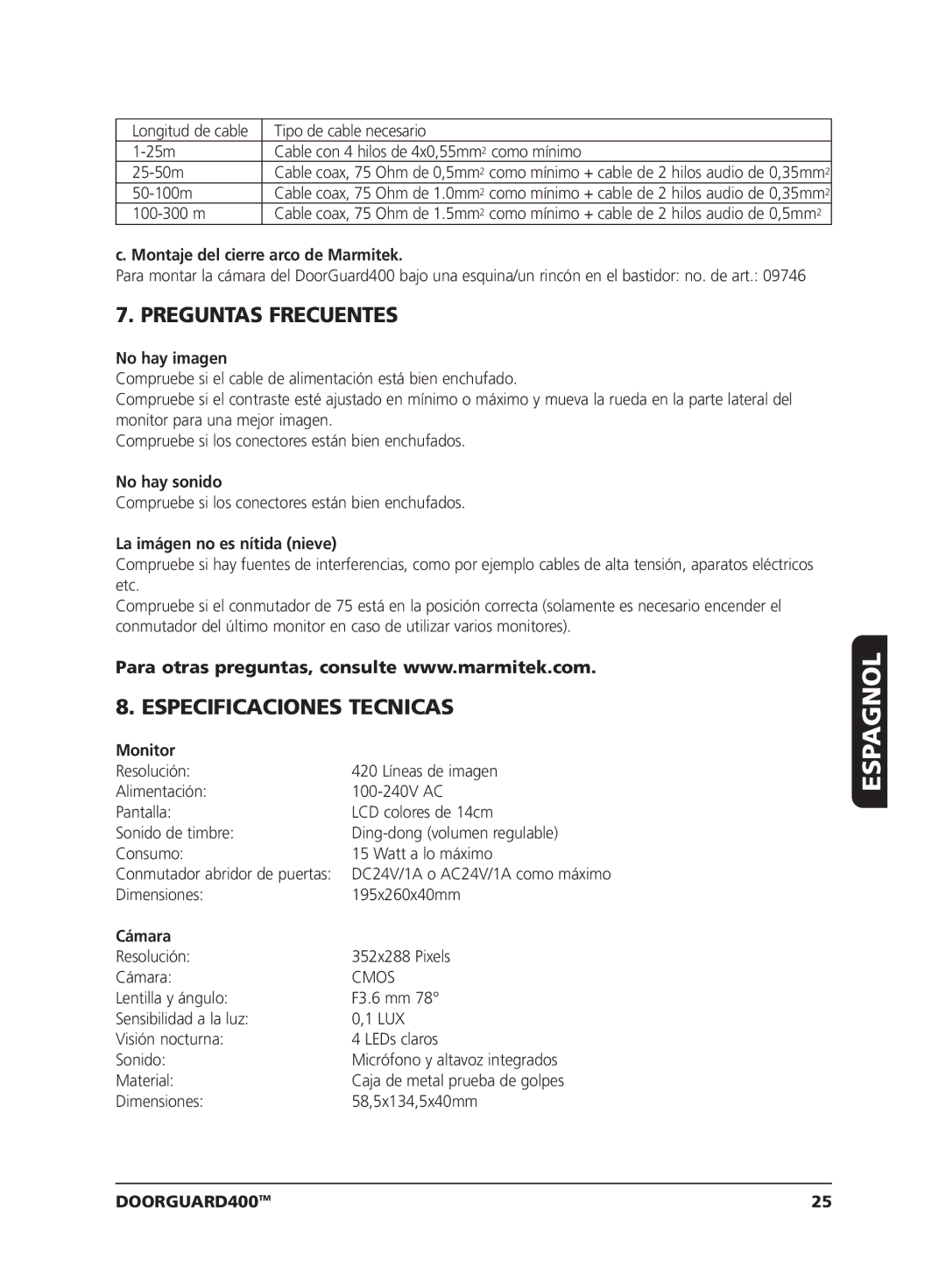 Marmitek VIDEO DOORPHONE user manual Preguntas Frecuentes, Especificaciones Tecnicas 