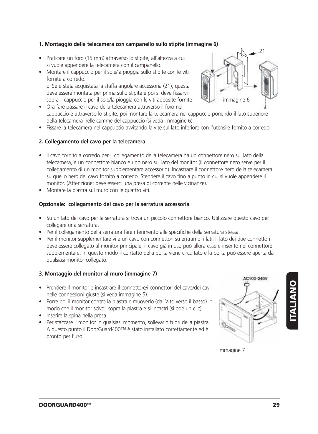 Marmitek VIDEO DOORPHONE user manual Collegamento del cavo per la telecamera, Montaggio del monitor al muro immagine 