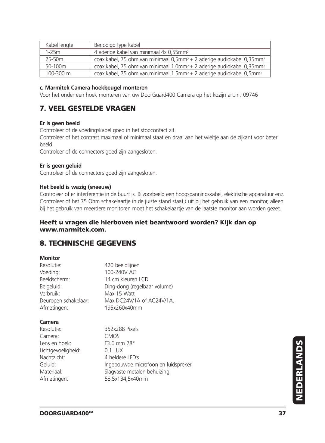 Marmitek VIDEO DOORPHONE user manual Veel Gestelde Vragen, Technische Gegevens 