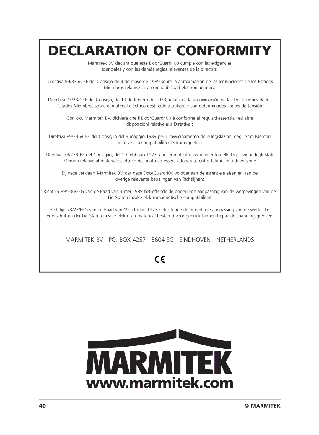 Marmitek VIDEO DOORPHONE user manual Declaration of Conformity 