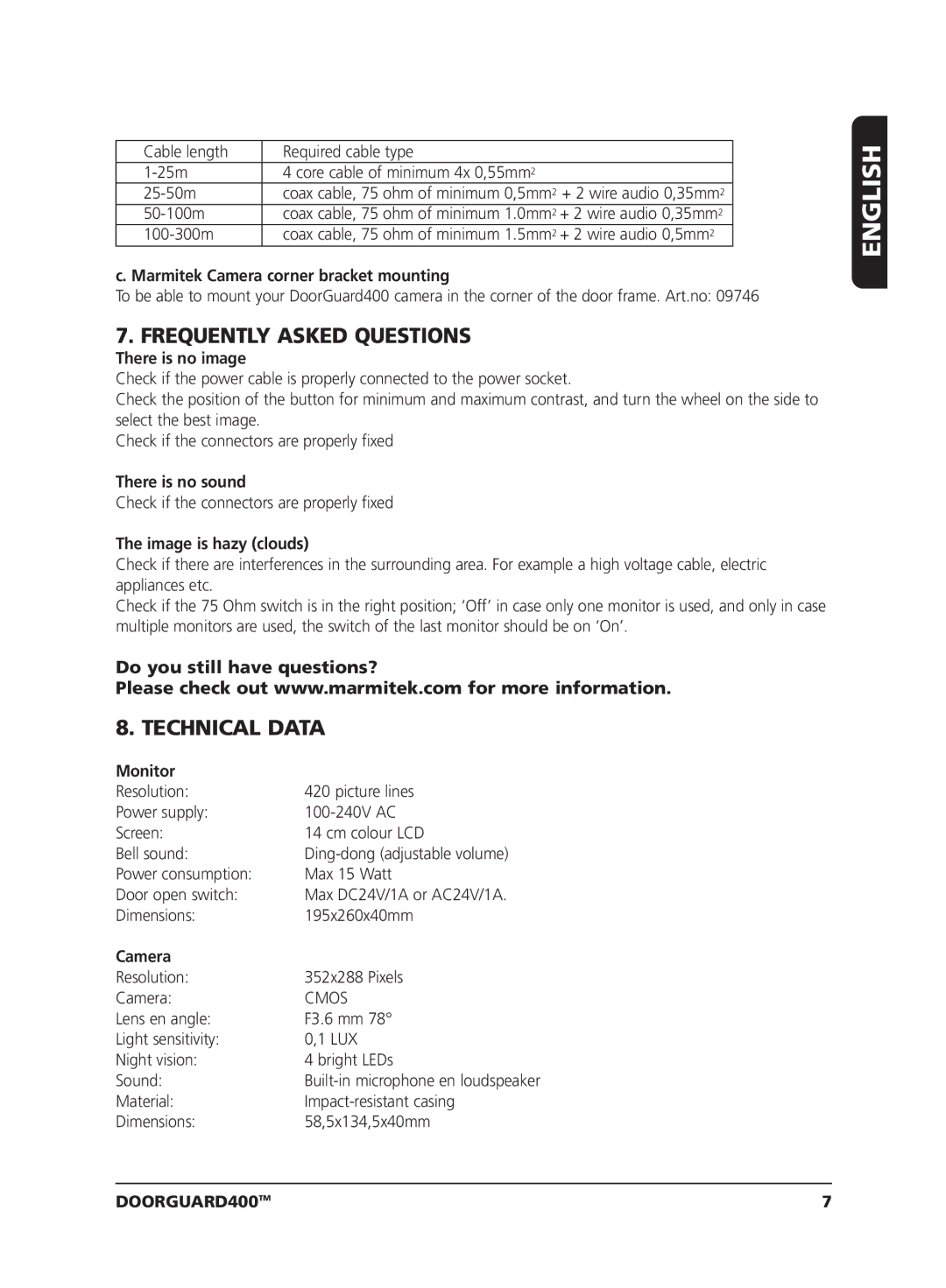 Marmitek VIDEO DOORPHONE user manual Frequently Asked Questions, Technical Data 