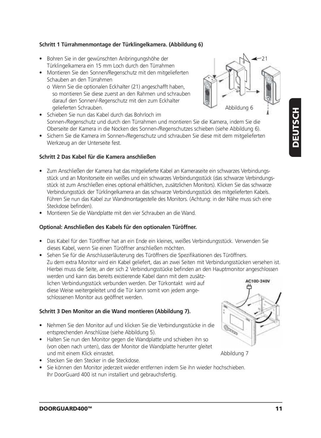 Marmitek VIDEO DOORPHONE user manual Schritt 2 Das Kabel für die Kamera anschließen, Deutsch, DOORGUARD400TM 
