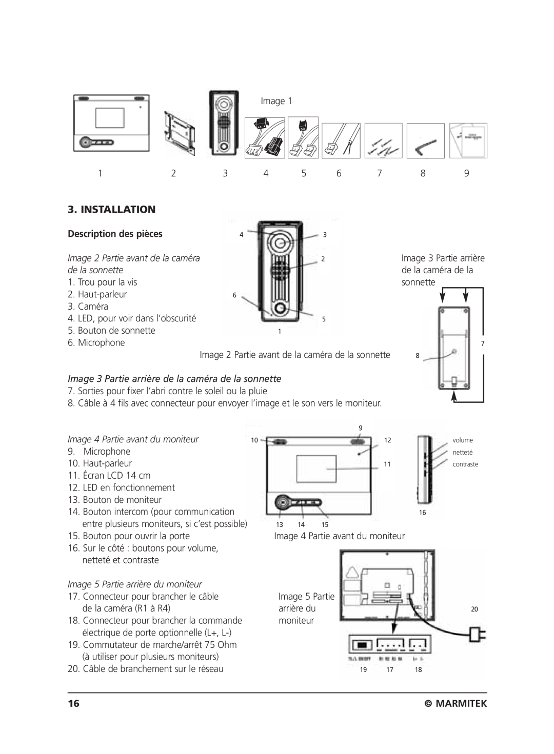 Marmitek VIDEO DOORPHONE user manual Description des pièces, Installation, Marmitek 