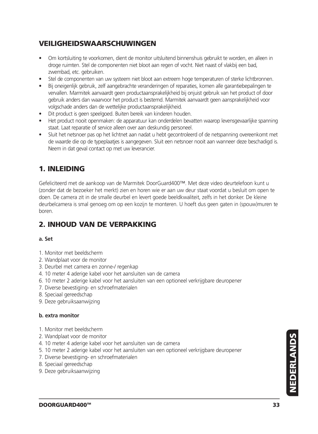 Marmitek VIDEO DOORPHONE user manual Nederlands, Veiligheidswaarschuwingen, Inleiding, Inhoud Van De Verpakking, a. Set 