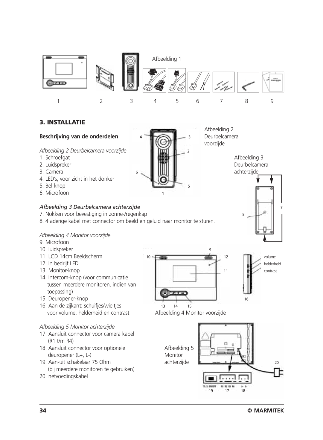 Marmitek VIDEO DOORPHONE user manual Installatie, Beschrijving van de onderdelen, Marmitek 