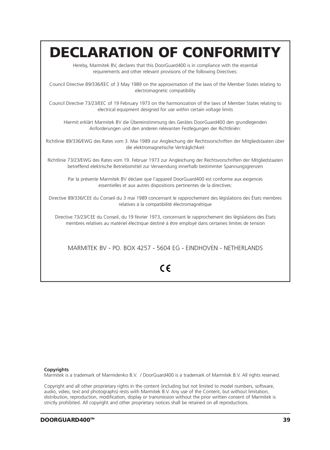 Marmitek VIDEO DOORPHONE user manual Declaration Of Conformity, DOORGUARD400TM, Copyrights 