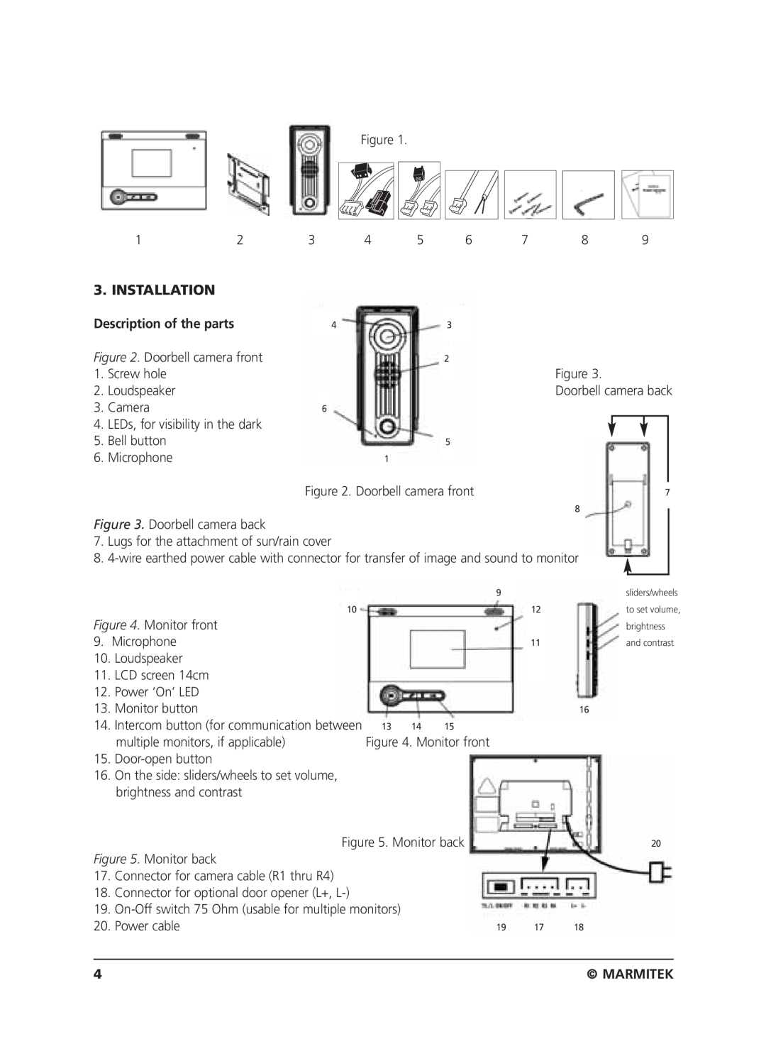 Marmitek VIDEO DOORPHONE user manual Installation, Description of the parts, Marmitek 