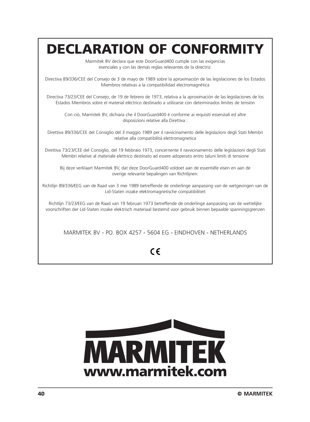 Marmitek VIDEO DOORPHONE user manual Declaration Of Conformity, Marmitek 