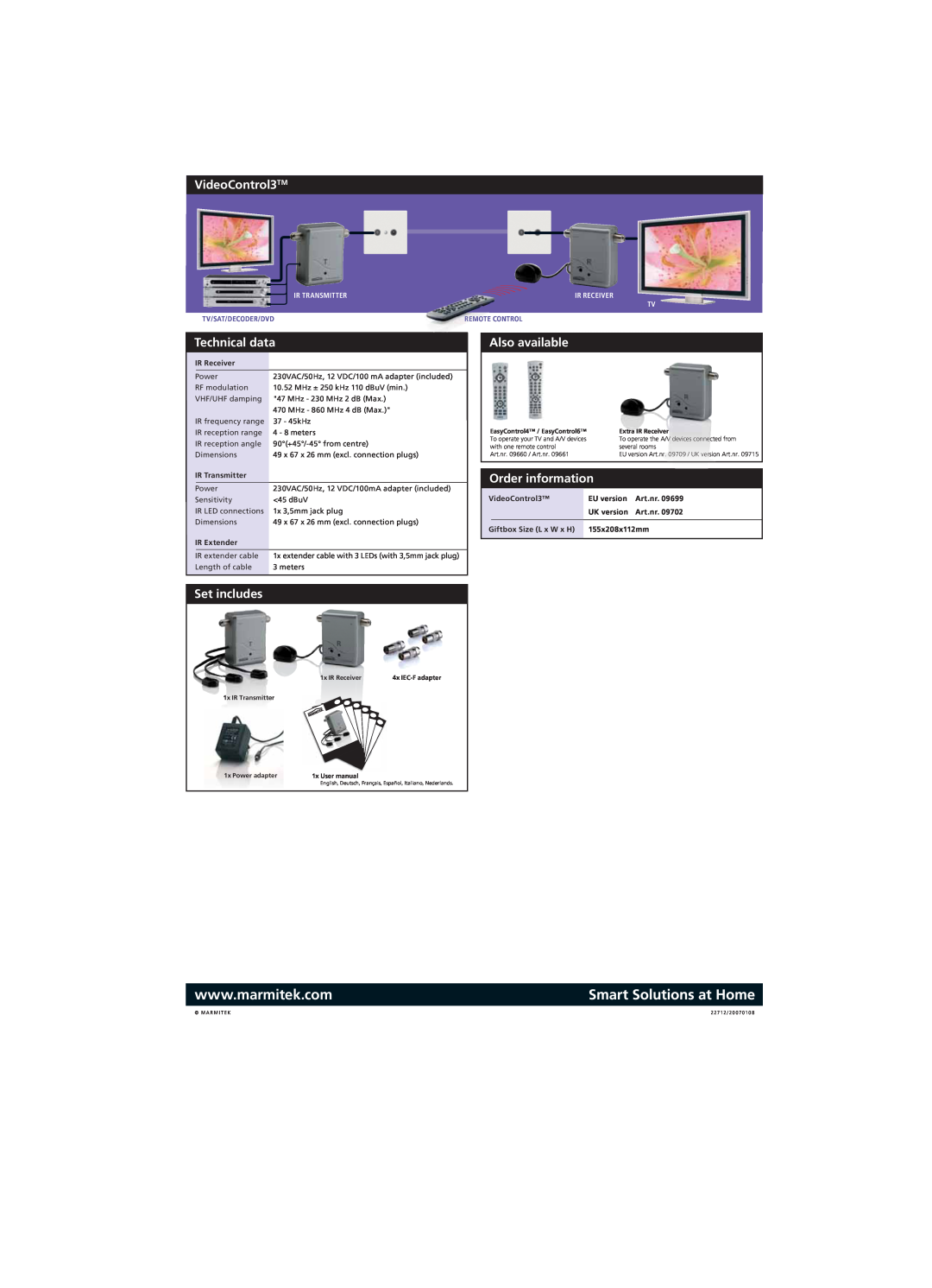 Marmitek VideoControl3TM, Technical data, Also available, Order information, Set includes, Ir Transmitter, Ir Receiver 