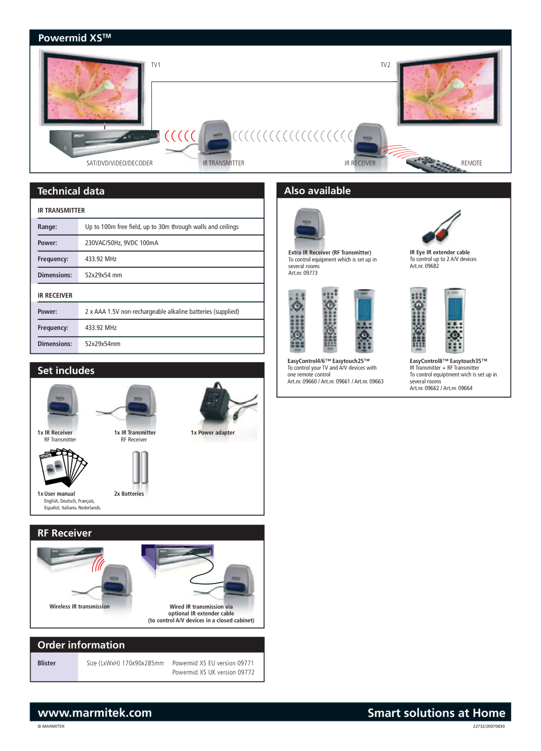 Marmitek Wireless Remote Control Extender manual Powermid Xstm, Technical data, Also available, Set includes, RF Receiver 