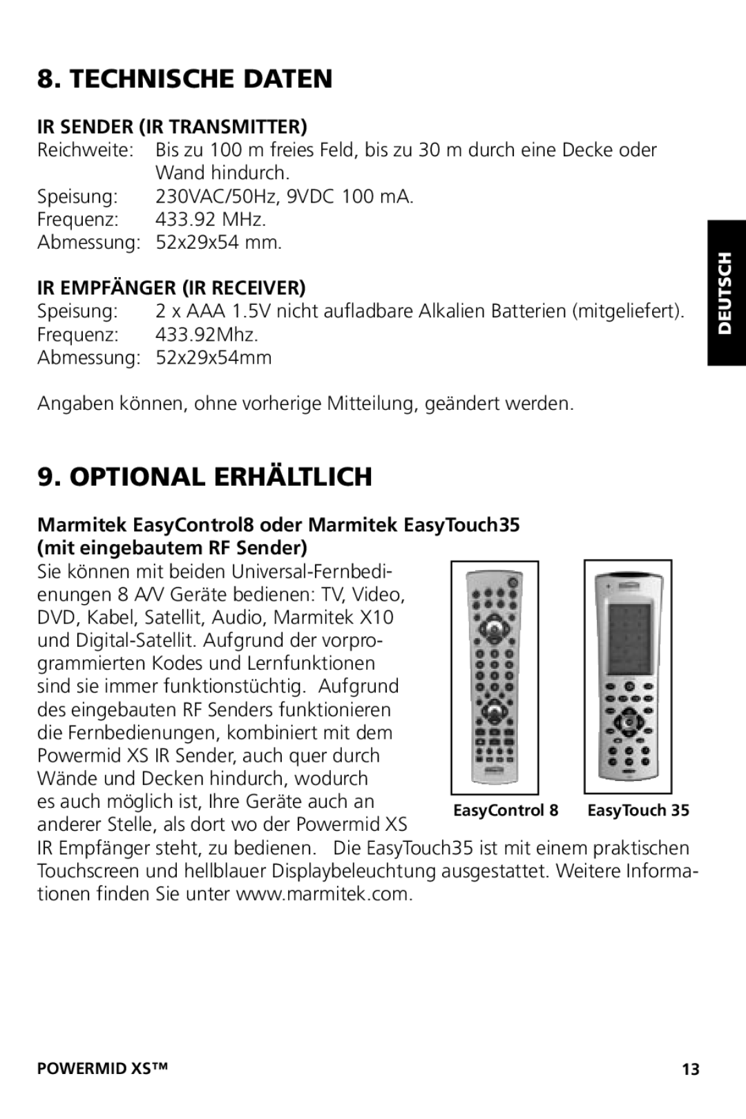 Marmitek XS user manual Technische Daten, Optional Erhältlich, IR Sender IR Transmitter, IR Empfänger IR Receiver 