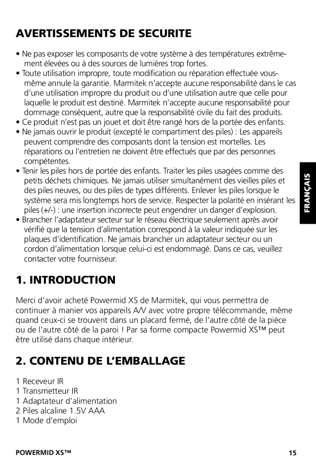 Marmitek XS user manual Avertissements DE Securite, Contenu DE L’EMBALLAGE 