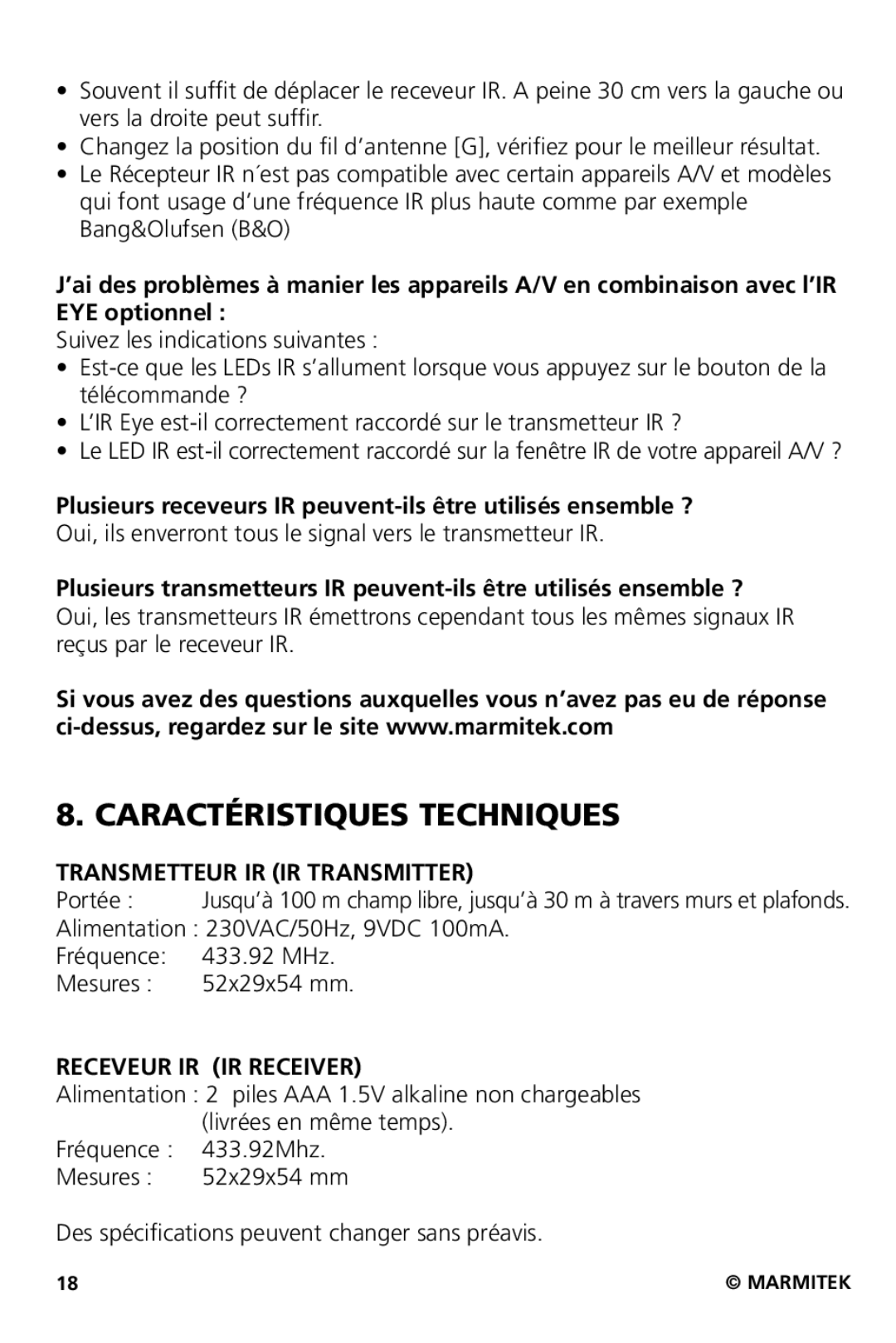 Marmitek XS user manual Caractéristiques Techniques, Transmetteur IR IR Transmitter, Receveur IR IR Receiver 