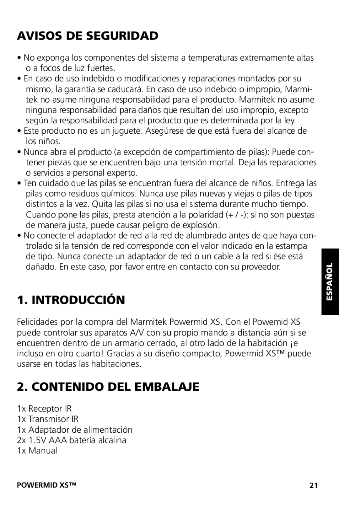 Marmitek XS user manual Avisos DE Seguridad, Introducción, Contenido DEL Embalaje 