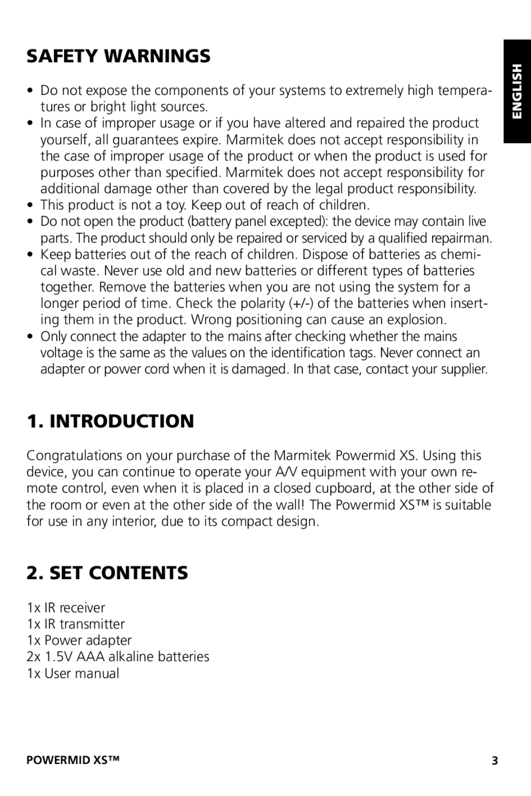 Marmitek XS user manual Safety Warnings, Introduction, SET Contents 