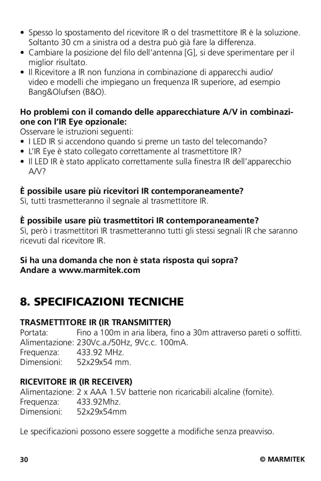 Marmitek XS user manual Specificazioni Tecniche, Trasmettitore IR IR Transmitter, Ricevitore IR IR Receiver 