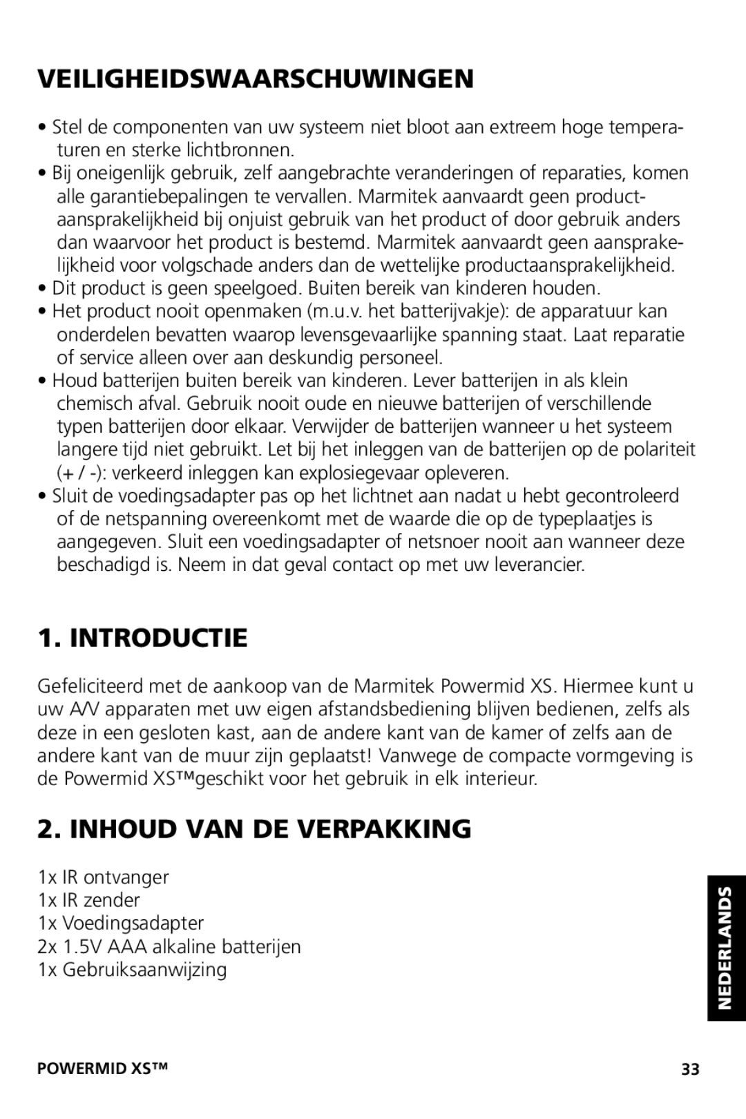 Marmitek XS user manual Veiligheidswaarschuwingen, Introductie, Inhoud VAN DE Verpakking 