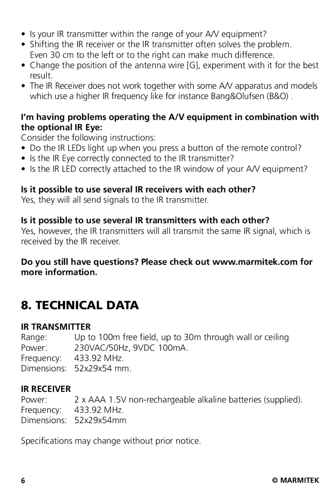 Marmitek XS user manual Technical Data IR Transmitter, IR Receiver 