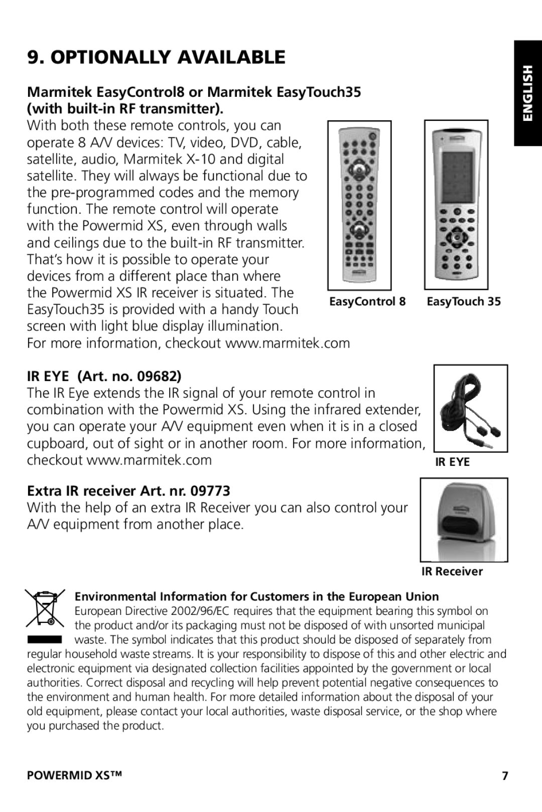 Marmitek XS user manual Optionally Available, IR EYE Art. no Extra IR receiver Art. nr 