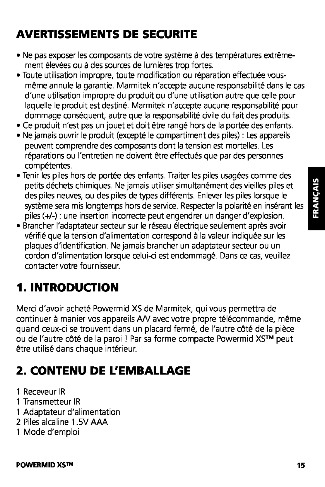 Marmitek XS user manual Avertissements De Securite, Contenu De L’Emballage, Introduction 