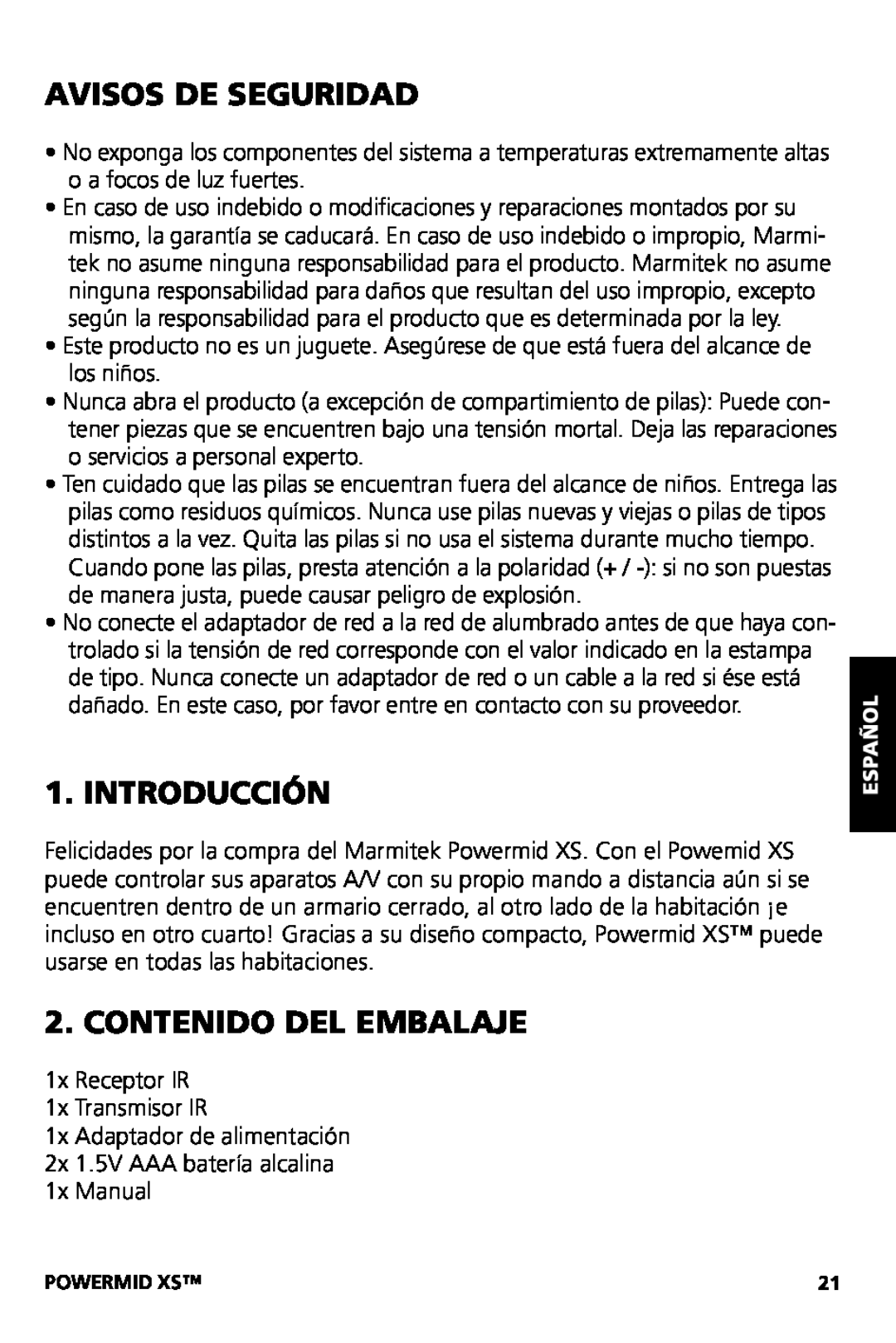 Marmitek XS user manual Avisos De Seguridad, Introducción, Contenido Del Embalaje 