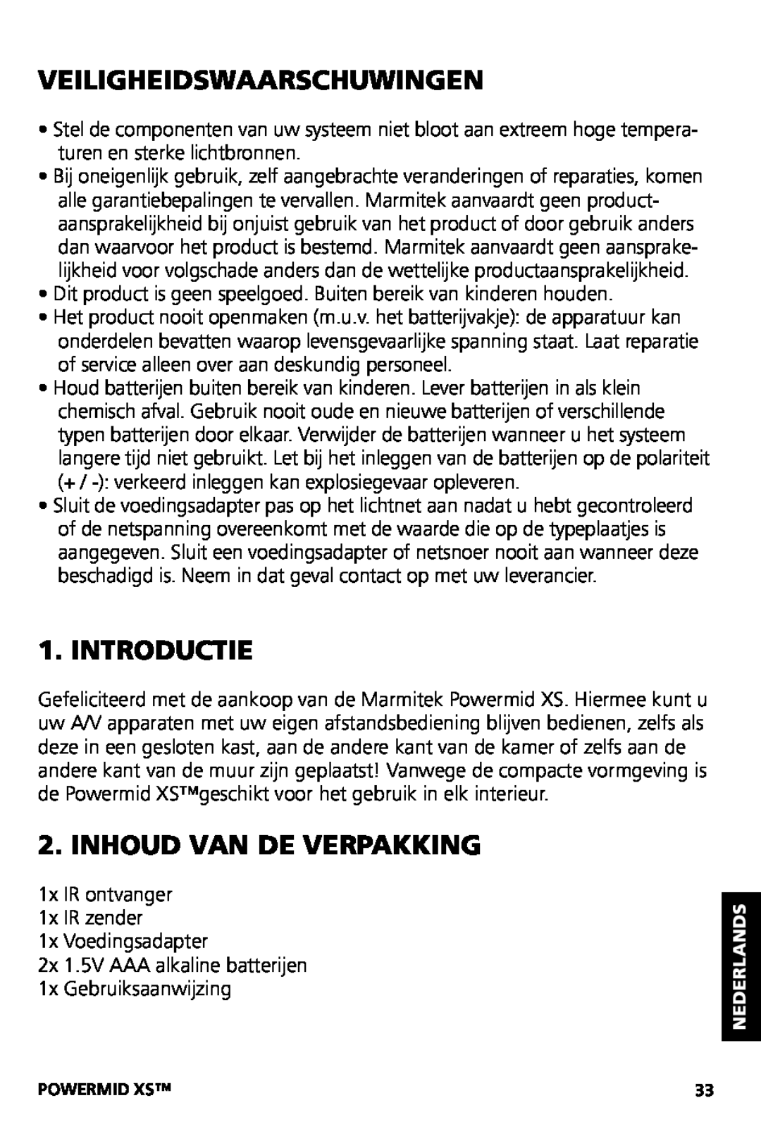 Marmitek XS user manual Veiligheidswaarschuwingen, Introductie, Inhoud Van De Verpakking 