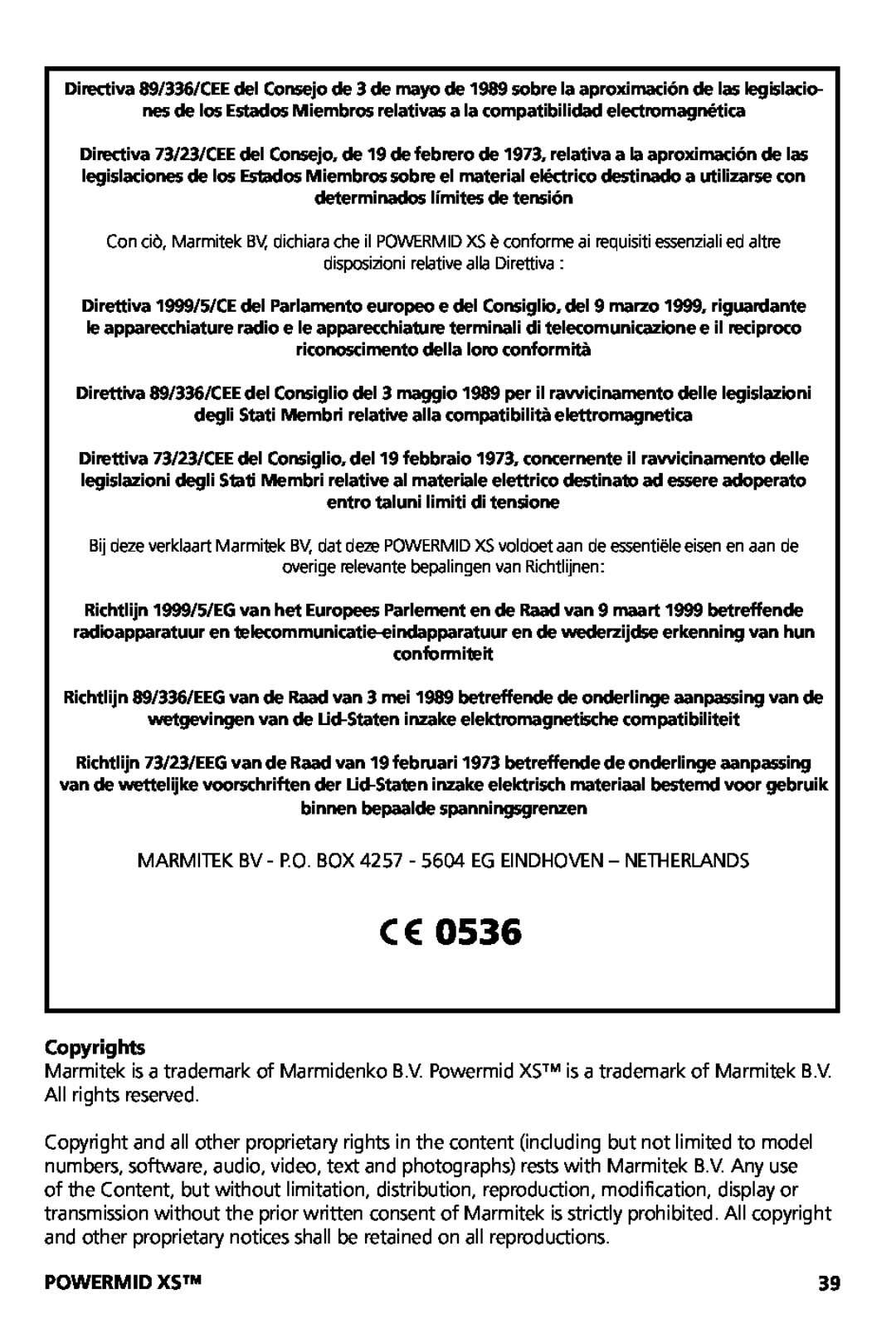 Marmitek XS user manual 0536, MARMITEK BV - P.O. BOX 4257 - 5604 EG EINDHOVEN - NETHERLANDS, Copyrights, Powermid Xs 