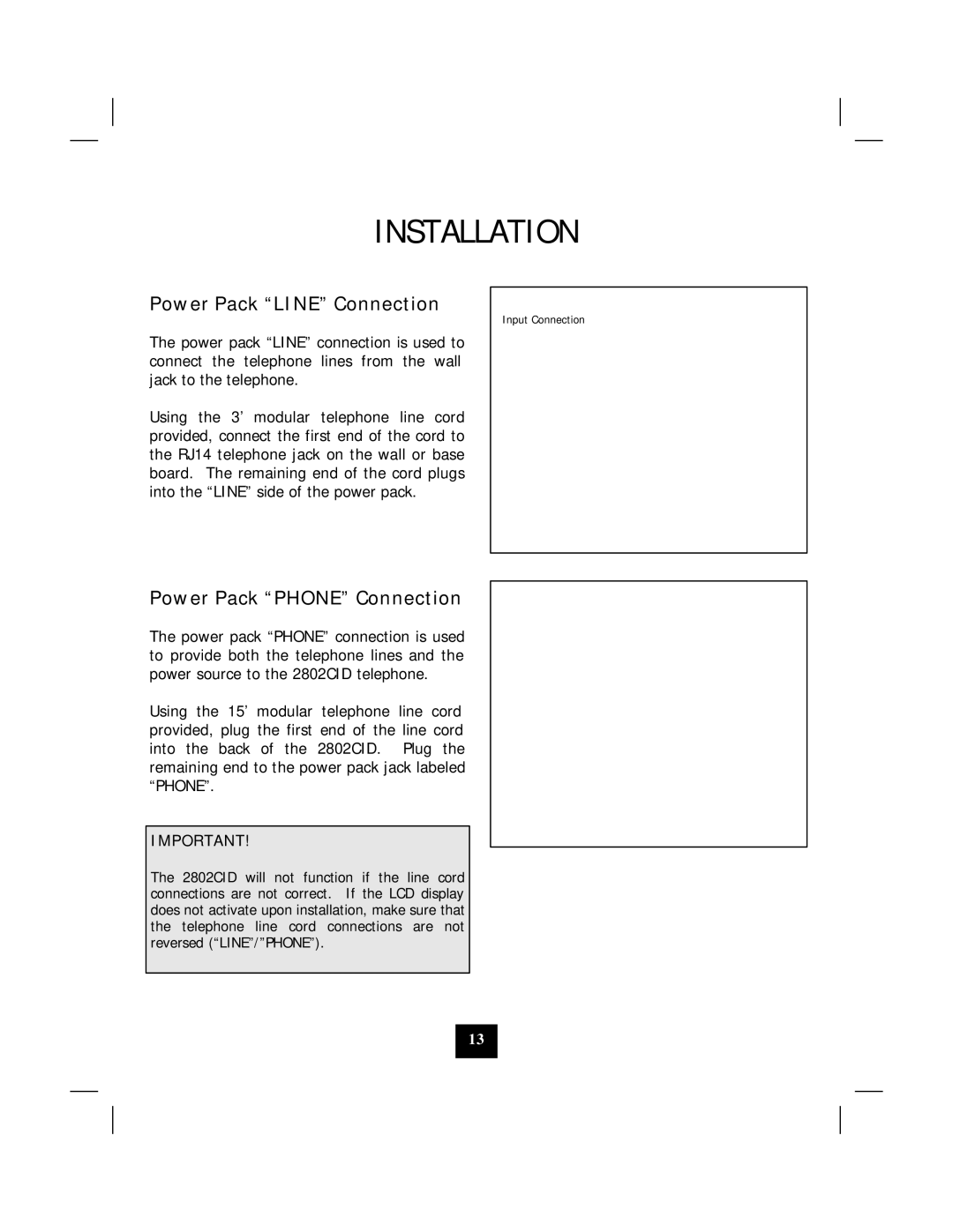 Marquis 2802CID manual Power Pack Line Connection, Power Pack Phone Connection 