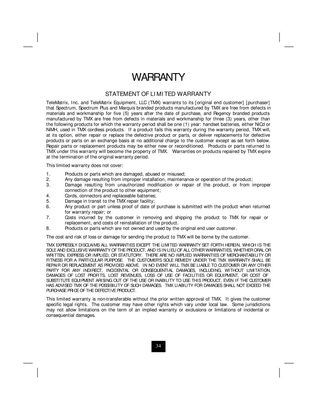 Marquis 2802CID manual Statement of Limited Warranty 