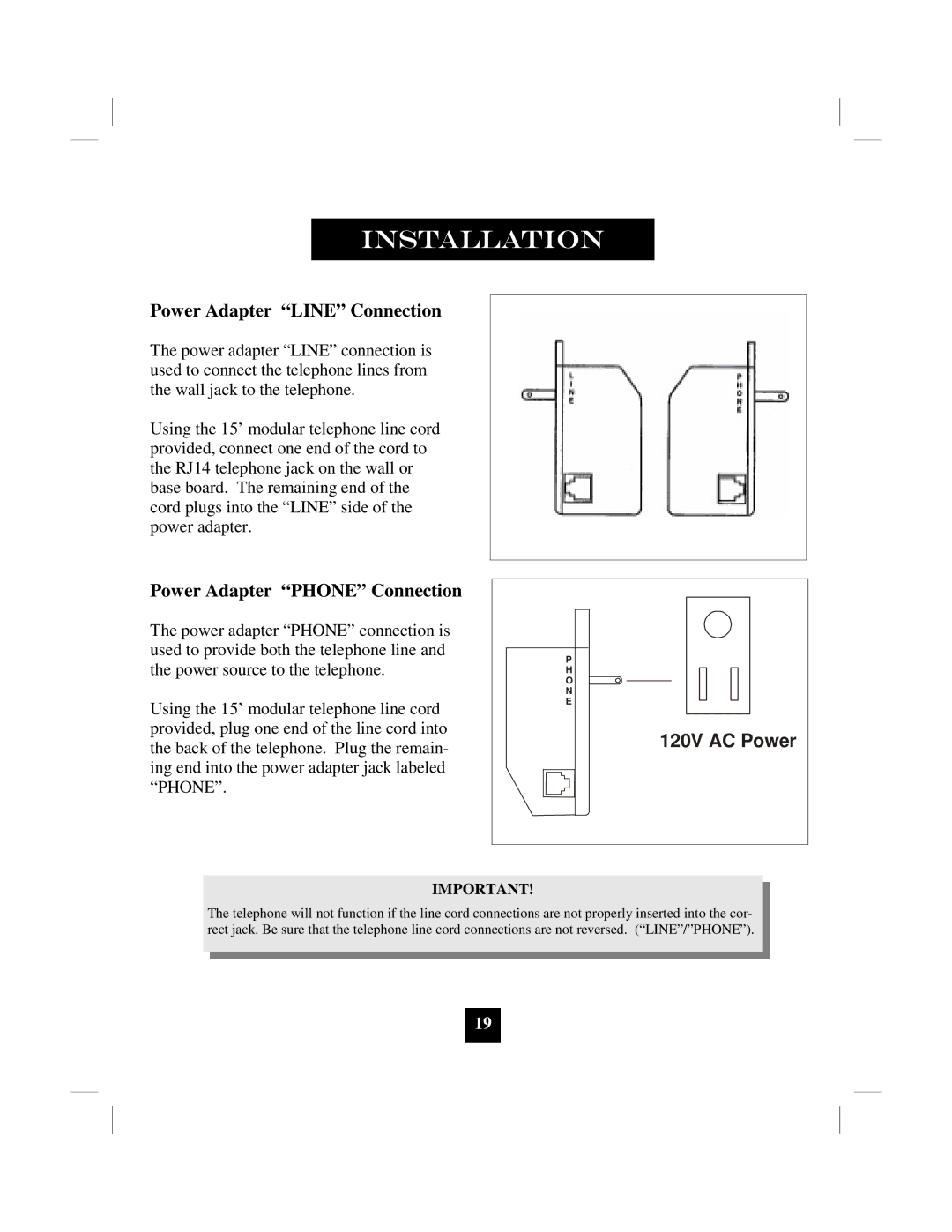 Marquis 9002MWD manual Power Adapter Line Connection, Power Adapter Phone Connection 