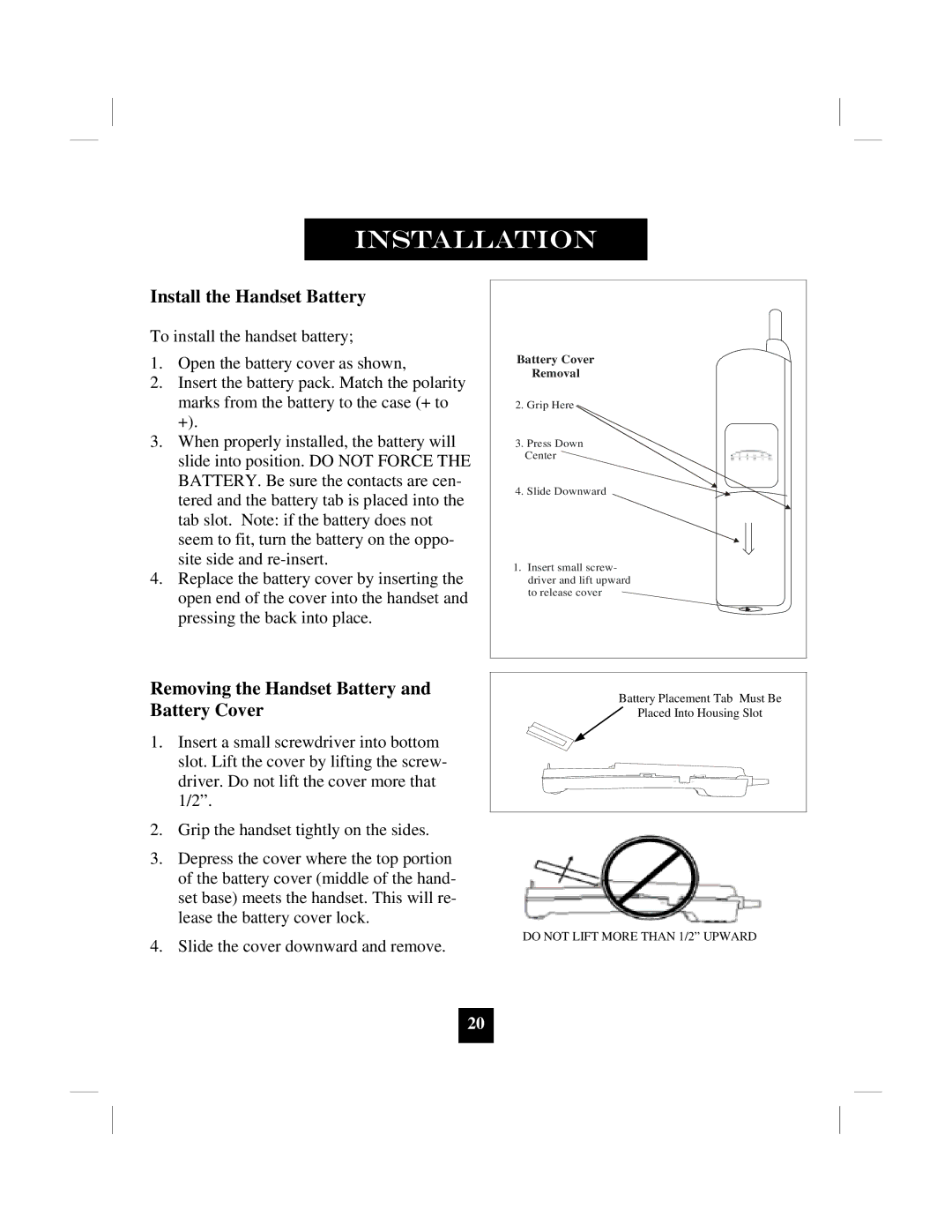 Marquis 9002MWD manual Install the Handset Battery, Removing the Handset Battery and Battery Cover 