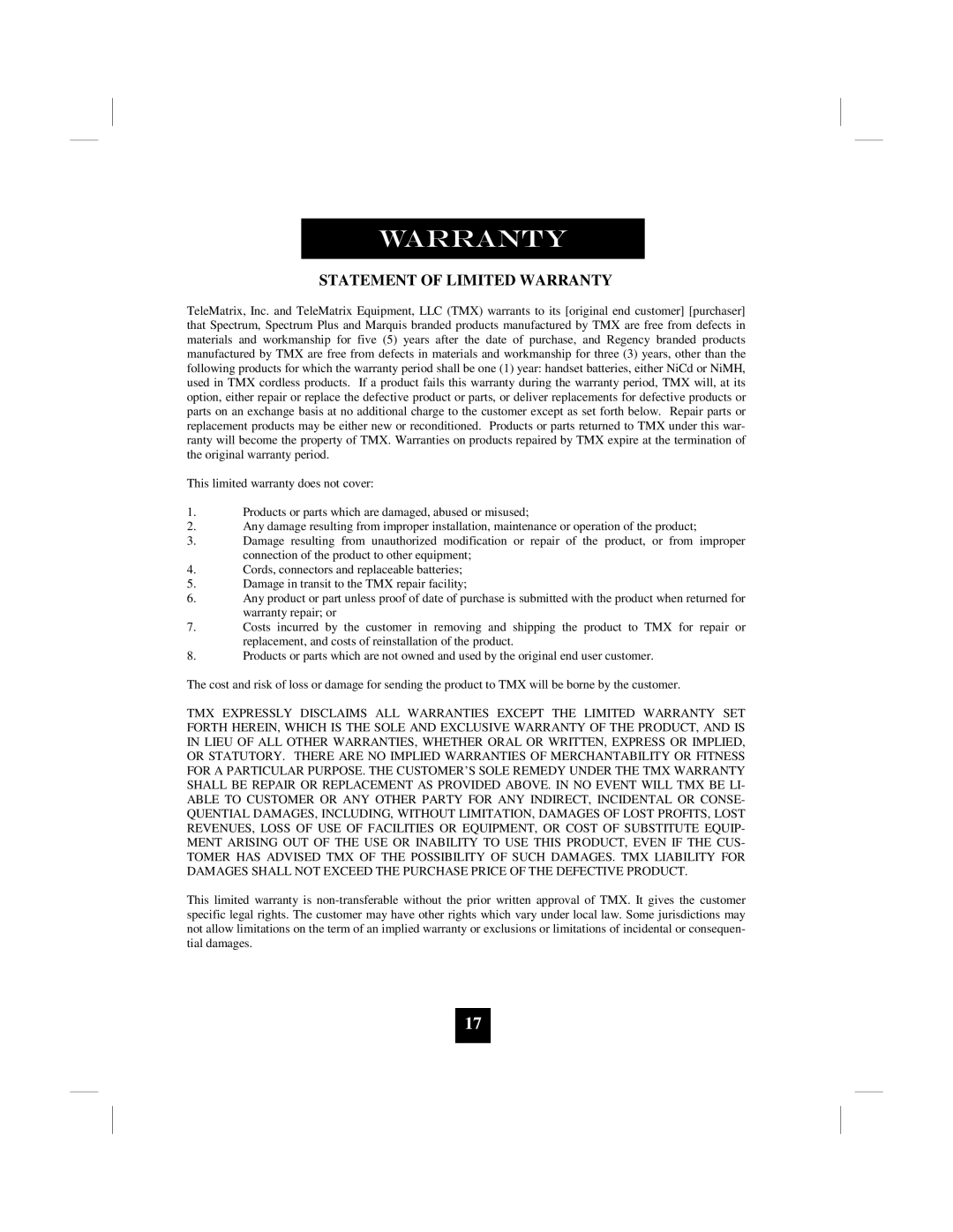 Marquis 9002MWD manual Statement of Limited Warranty 