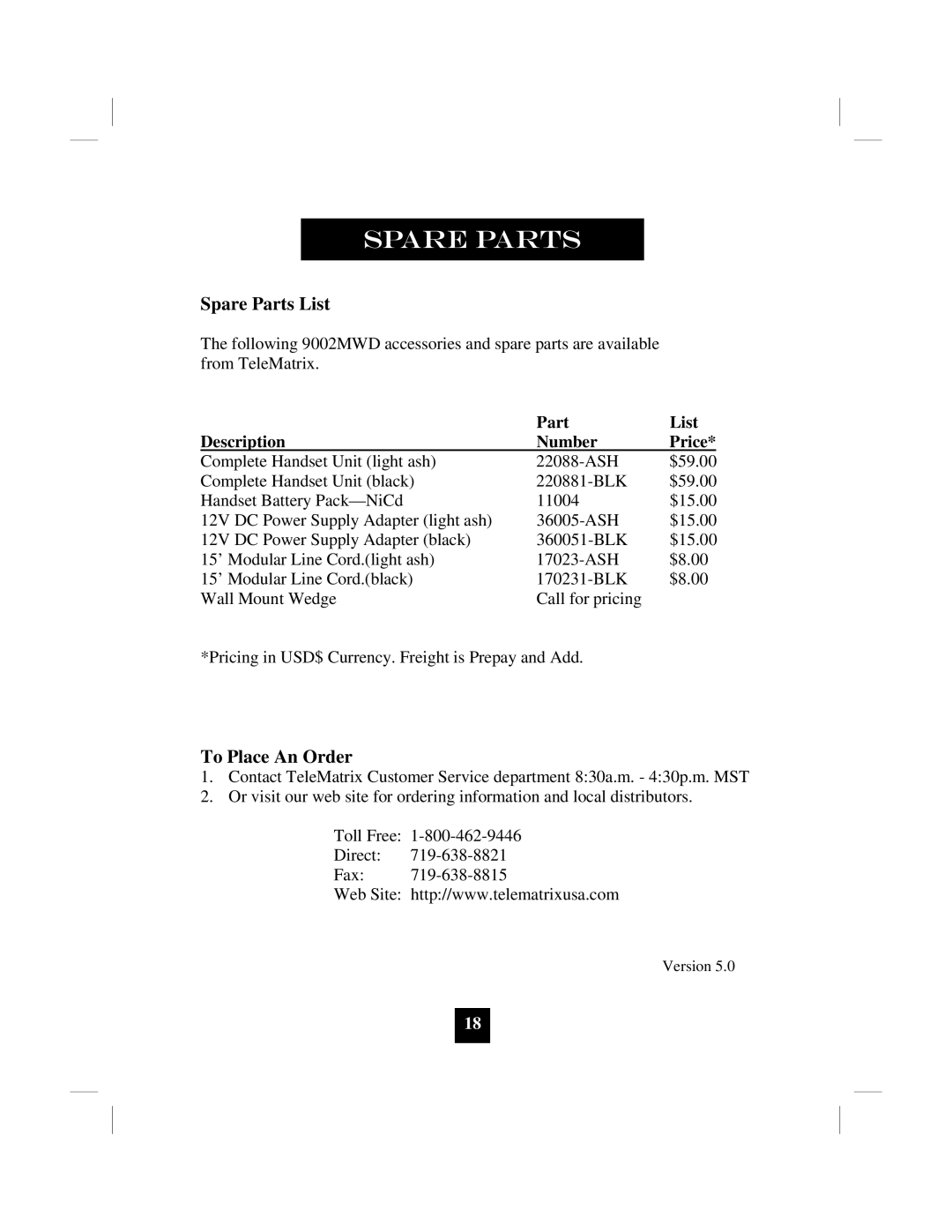 Marquis 9002MWD manual Spare Parts List, To Place An Order 