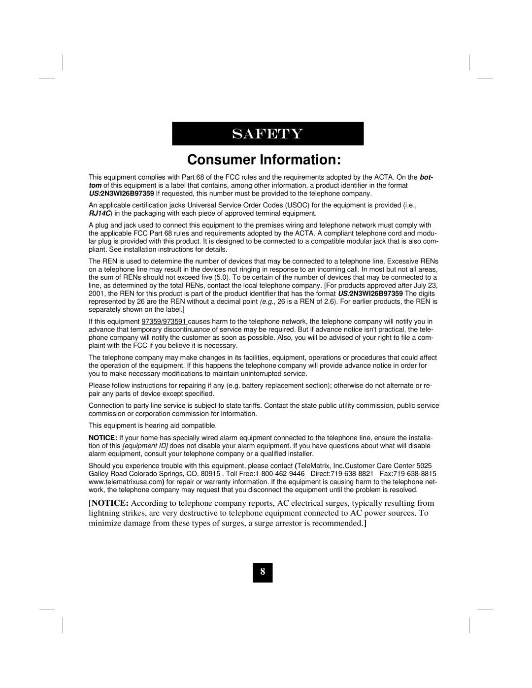 Marquis 9002MWD manual Consumer Information 