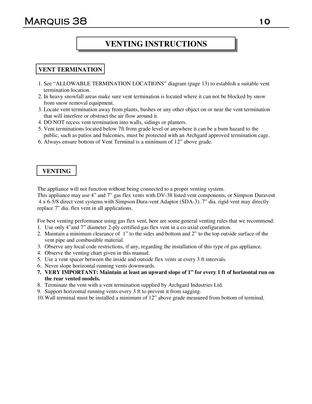 Marquis DVT-38, DVR-38 manual Venting Instructions, Vent Termination 