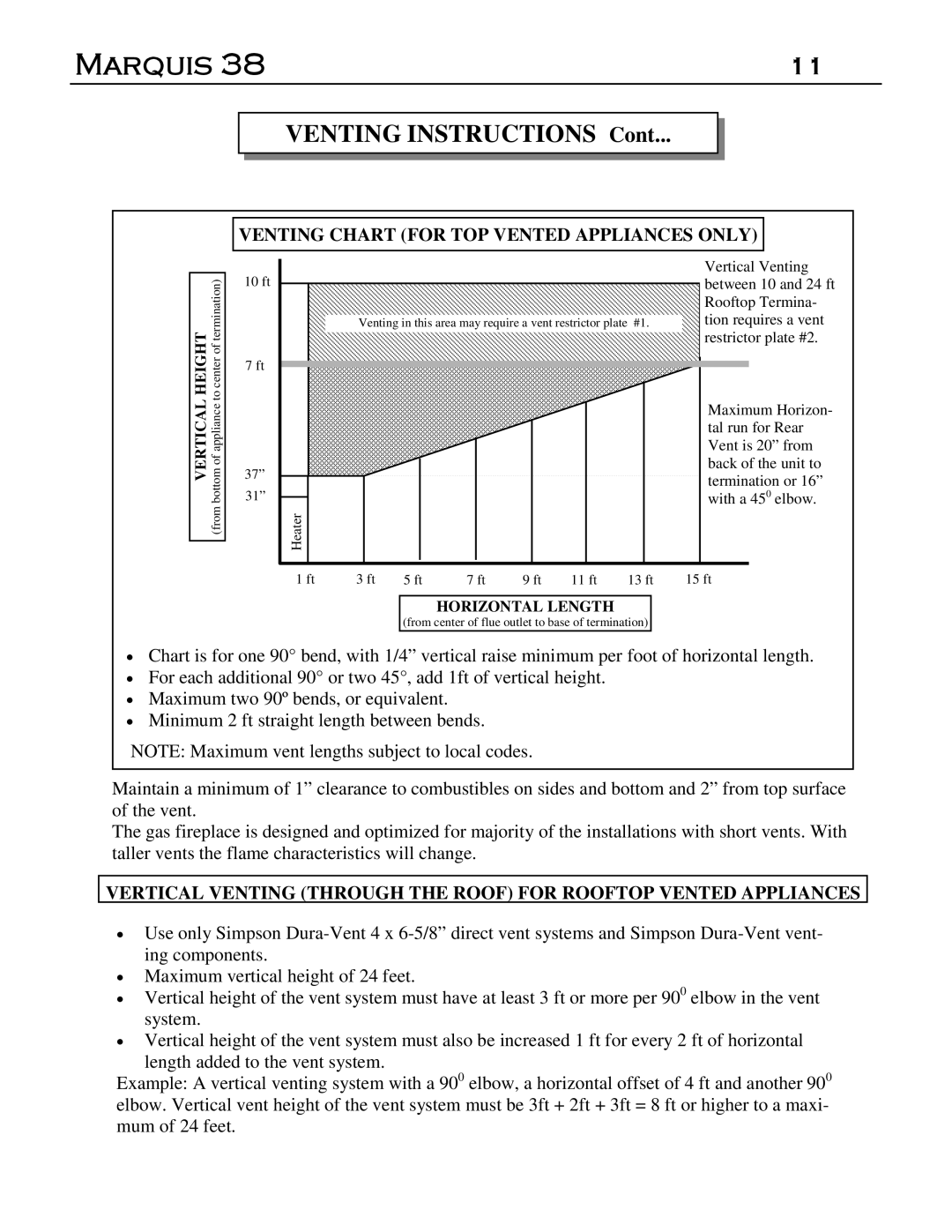 Marquis DVR-38, DVT-38 manual Venting Instructions, Venting Chart for TOP Vented Appliances only 